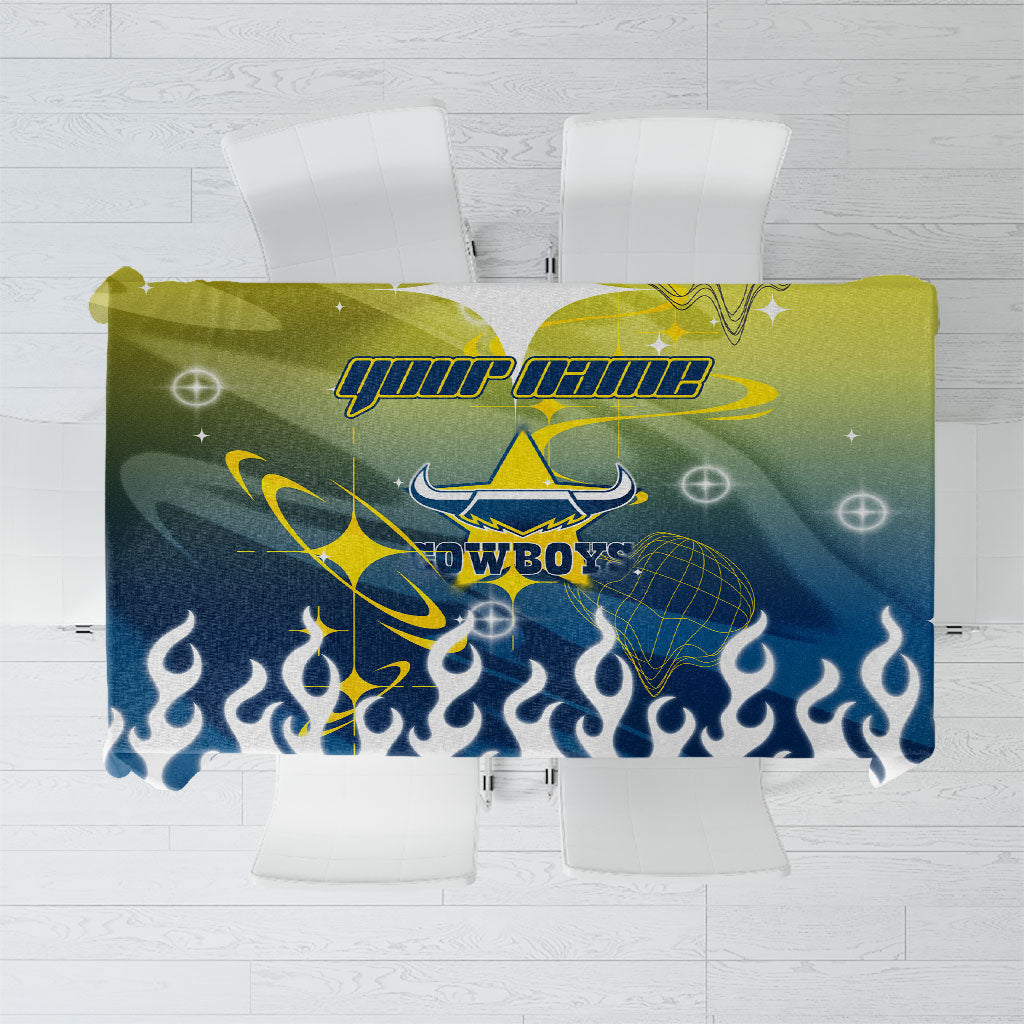 Personalized North Queensland Cowboys Tablecloth Y2K Grunge Aesthetic With Cyber Flames and Starburst Graphics