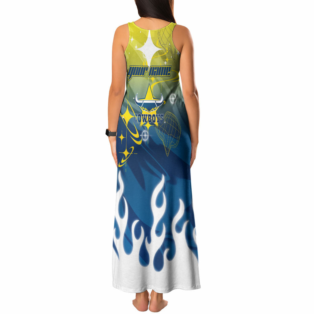Personalized North Queensland Cowboys Tank Maxi Dress Y2K Grunge Aesthetic With Cyber Flames and Starburst Graphics