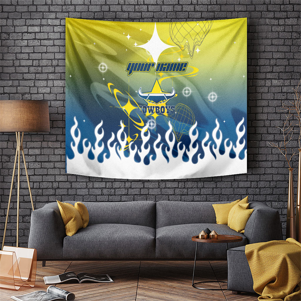 Personalized North Queensland Cowboys Tapestry Y2K Grunge Aesthetic With Cyber Flames and Starburst Graphics