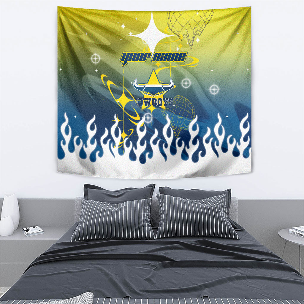 Personalized North Queensland Cowboys Tapestry Y2K Grunge Aesthetic With Cyber Flames and Starburst Graphics