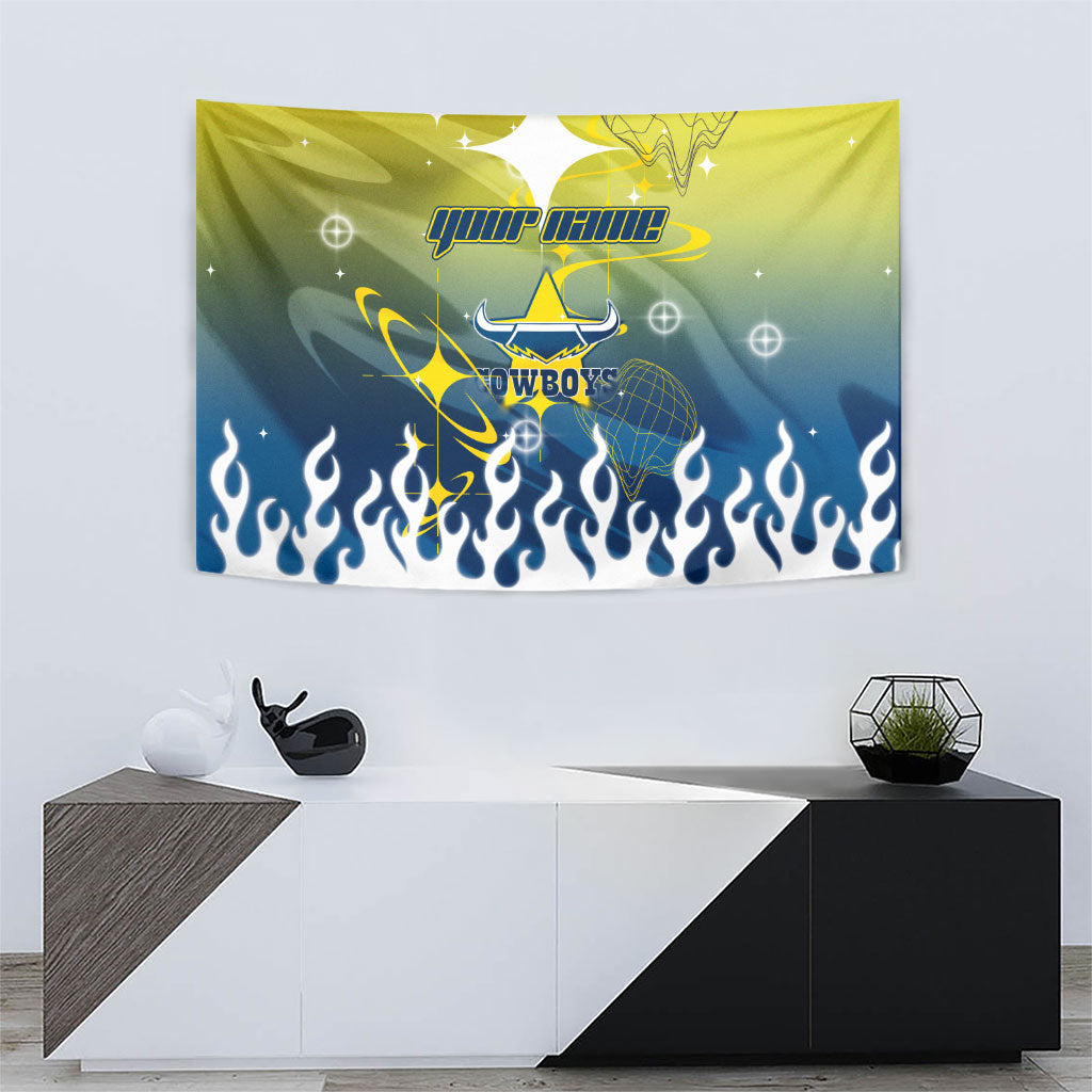 Personalized North Queensland Cowboys Tapestry Y2K Grunge Aesthetic With Cyber Flames and Starburst Graphics