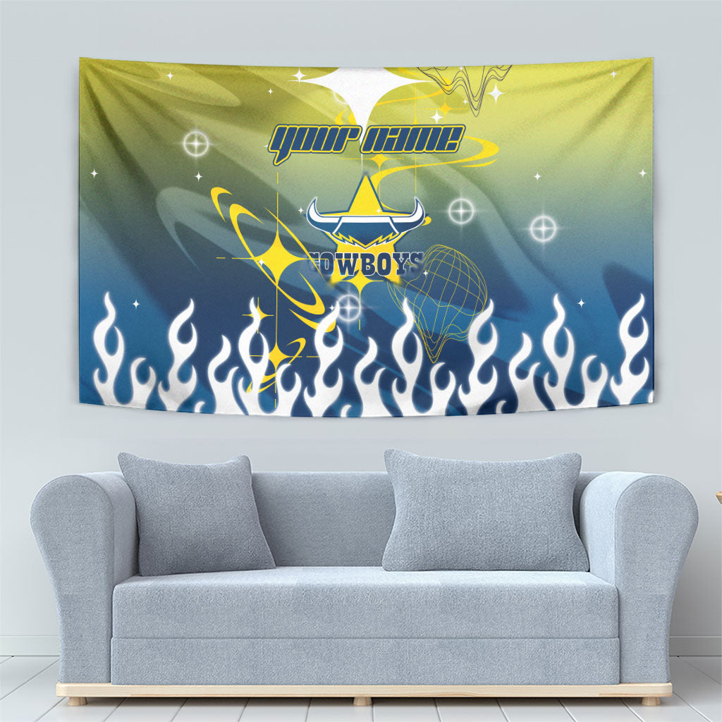 Personalized North Queensland Cowboys Tapestry Y2K Grunge Aesthetic With Cyber Flames and Starburst Graphics