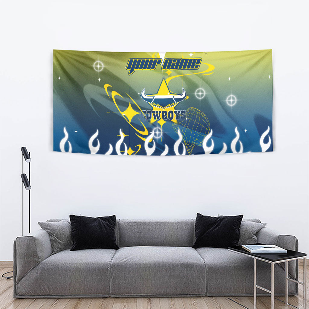 Personalized North Queensland Cowboys Tapestry Y2K Grunge Aesthetic With Cyber Flames and Starburst Graphics