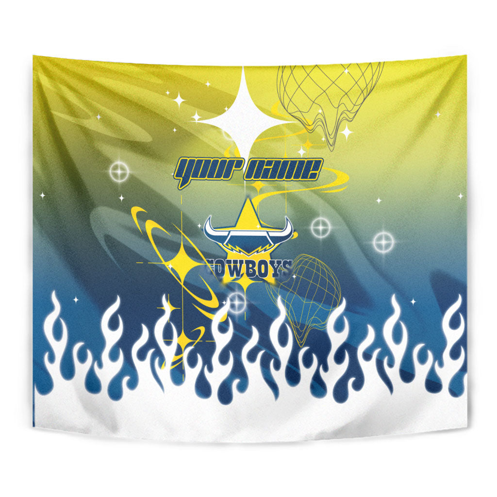 Personalized North Queensland Cowboys Tapestry Y2K Grunge Aesthetic With Cyber Flames and Starburst Graphics