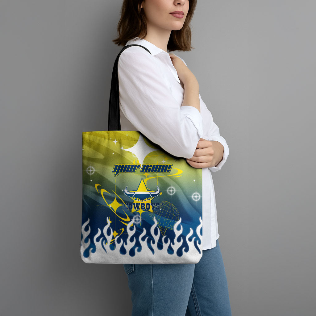 Personalized North Queensland Cowboys Tote Bag Y2K Grunge Aesthetic With Cyber Flames and Starburst Graphics