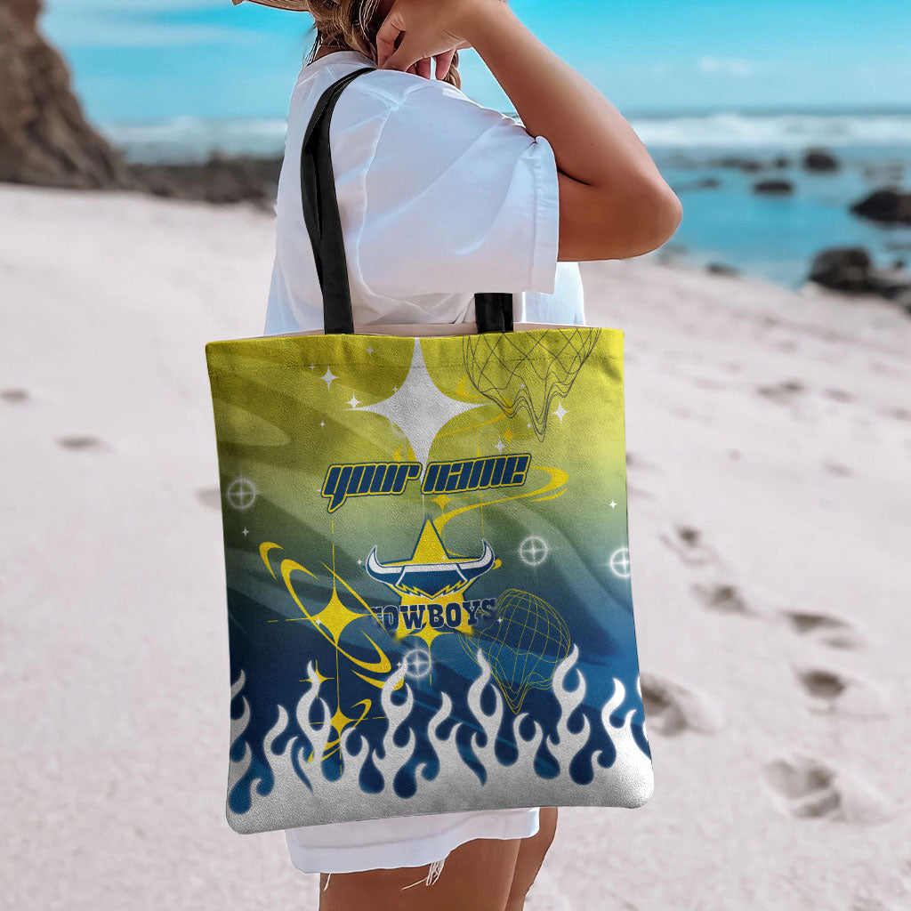 Personalized North Queensland Cowboys Tote Bag Y2K Grunge Aesthetic With Cyber Flames and Starburst Graphics