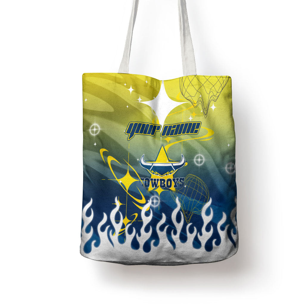 Personalized North Queensland Cowboys Tote Bag Y2K Grunge Aesthetic With Cyber Flames and Starburst Graphics