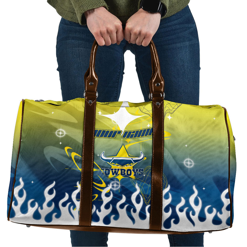 Personalized North Queensland Cowboys Travel Bag Y2K Grunge Aesthetic With Cyber Flames and Starburst Graphics
