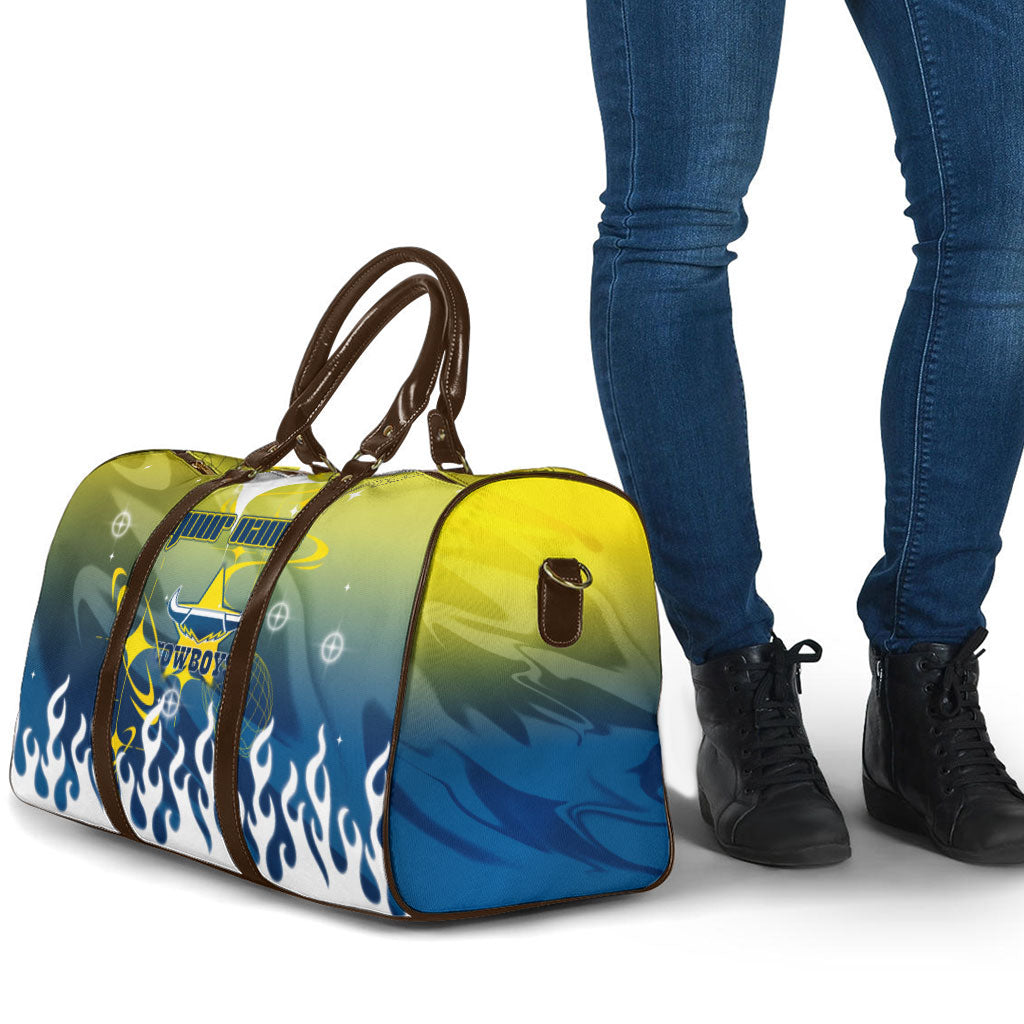 Personalized North Queensland Cowboys Travel Bag Y2K Grunge Aesthetic With Cyber Flames and Starburst Graphics