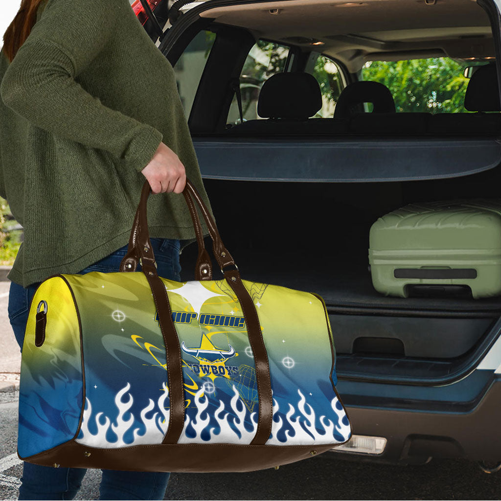 Personalized North Queensland Cowboys Travel Bag Y2K Grunge Aesthetic With Cyber Flames and Starburst Graphics