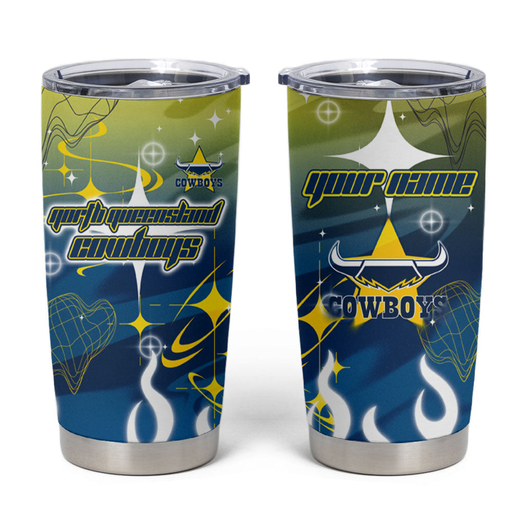 Personalized North Queensland Cowboys Tumbler Cup Y2K Grunge Aesthetic With Cyber Flames and Starburst Graphics
