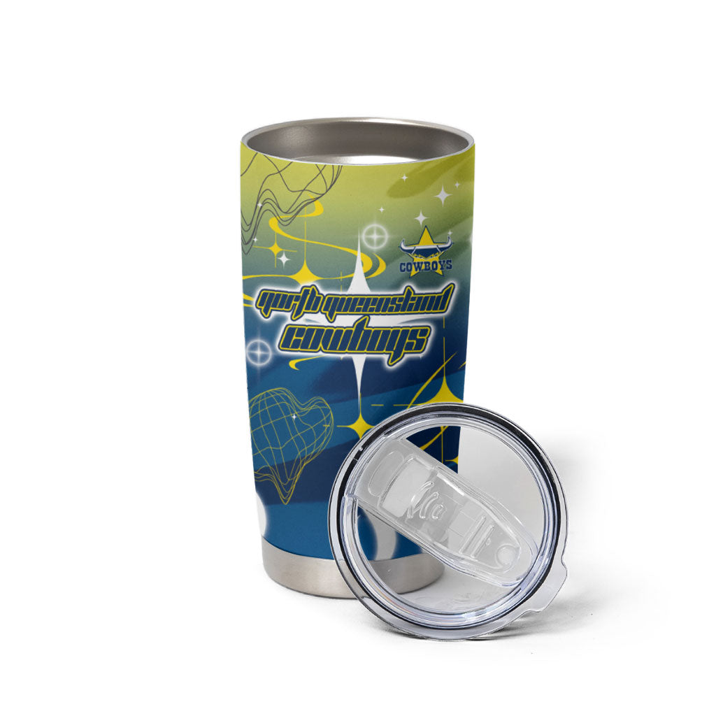 Personalized North Queensland Cowboys Tumbler Cup Y2K Grunge Aesthetic With Cyber Flames and Starburst Graphics