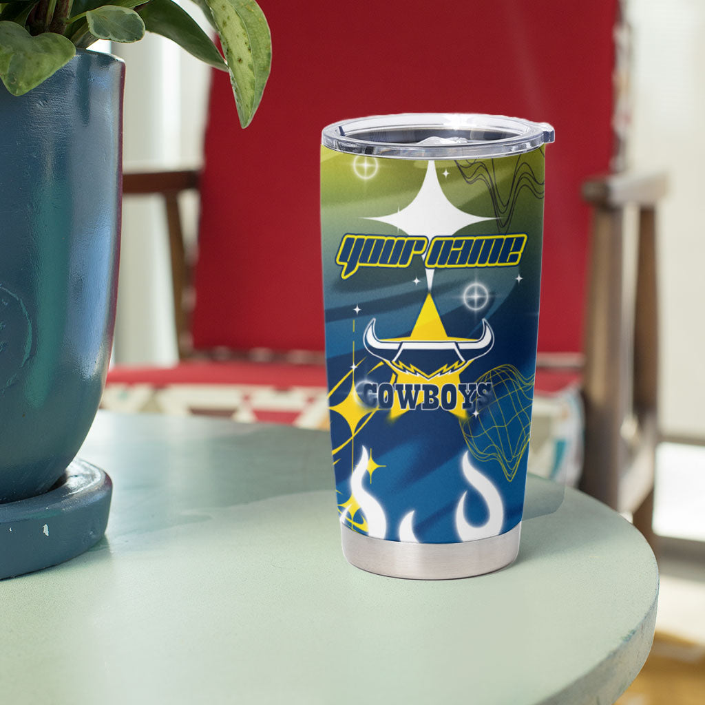 Personalized North Queensland Cowboys Tumbler Cup Y2K Grunge Aesthetic With Cyber Flames and Starburst Graphics
