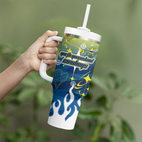 Personalized North Queensland Cowboys Tumbler With Handle Y2K Grunge Aesthetic With Cyber Flames and Starburst Graphics