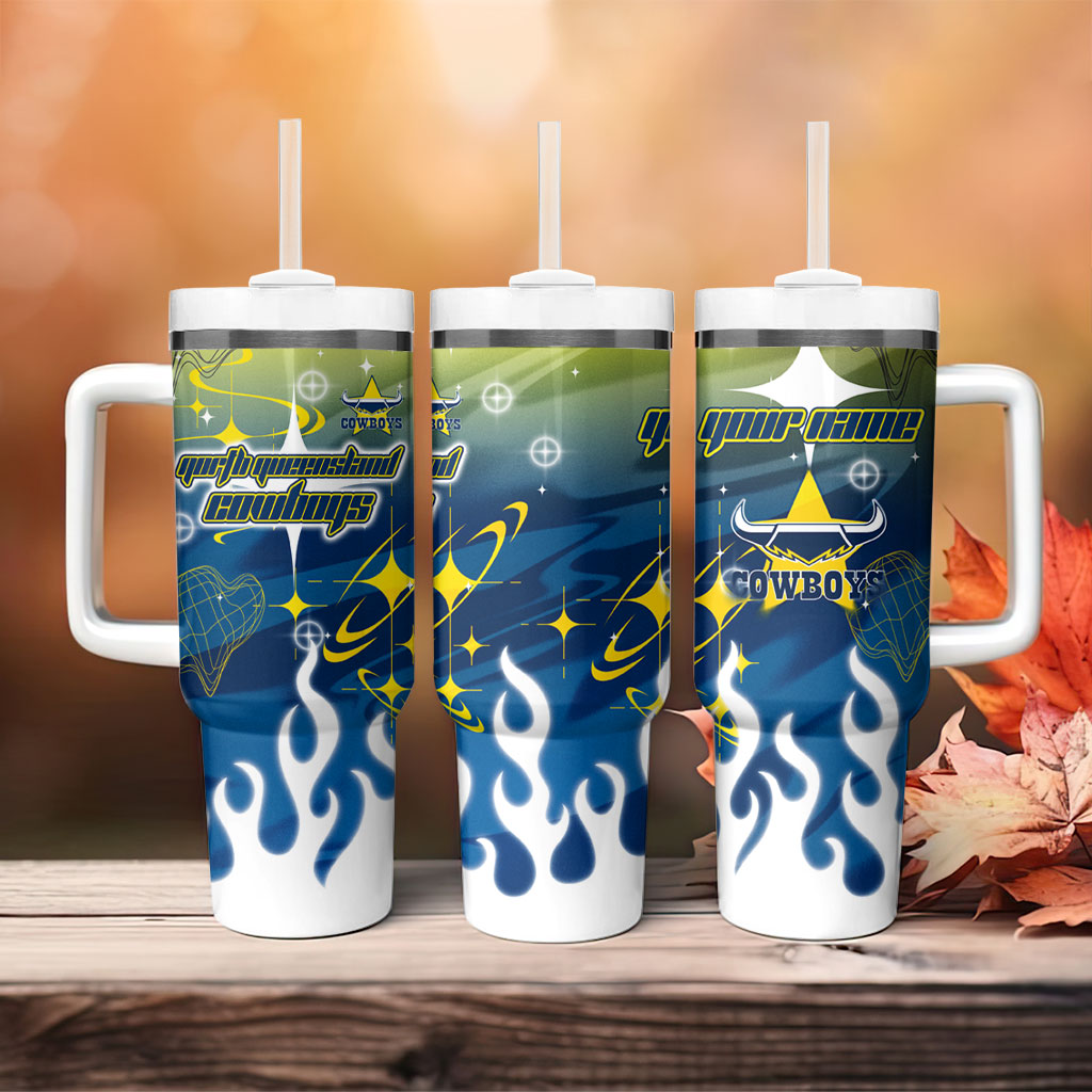 Personalized North Queensland Cowboys Tumbler With Handle Y2K Grunge Aesthetic With Cyber Flames and Starburst Graphics
