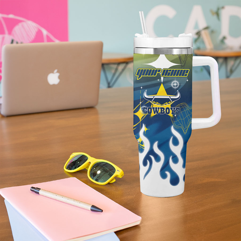 Personalized North Queensland Cowboys Tumbler With Handle Y2K Grunge Aesthetic With Cyber Flames and Starburst Graphics