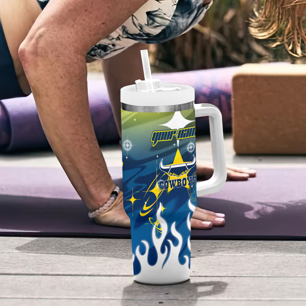 Personalized North Queensland Cowboys Tumbler With Handle Y2K Grunge Aesthetic With Cyber Flames and Starburst Graphics