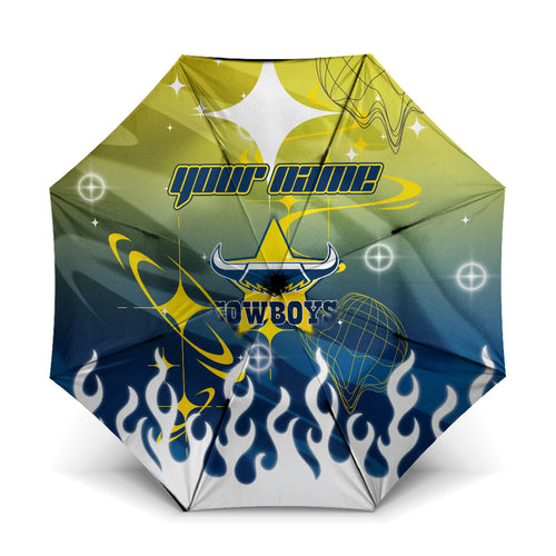 Personalized North Queensland Cowboys Umbrella Y2K Grunge Aesthetic With Cyber Flames and Starburst Graphics