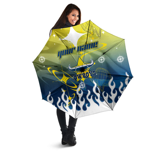 Personalized North Queensland Cowboys Umbrella Y2K Grunge Aesthetic With Cyber Flames and Starburst Graphics
