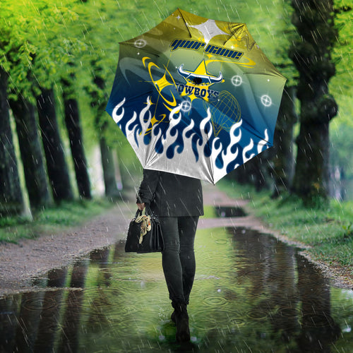 Personalized North Queensland Cowboys Umbrella Y2K Grunge Aesthetic With Cyber Flames and Starburst Graphics