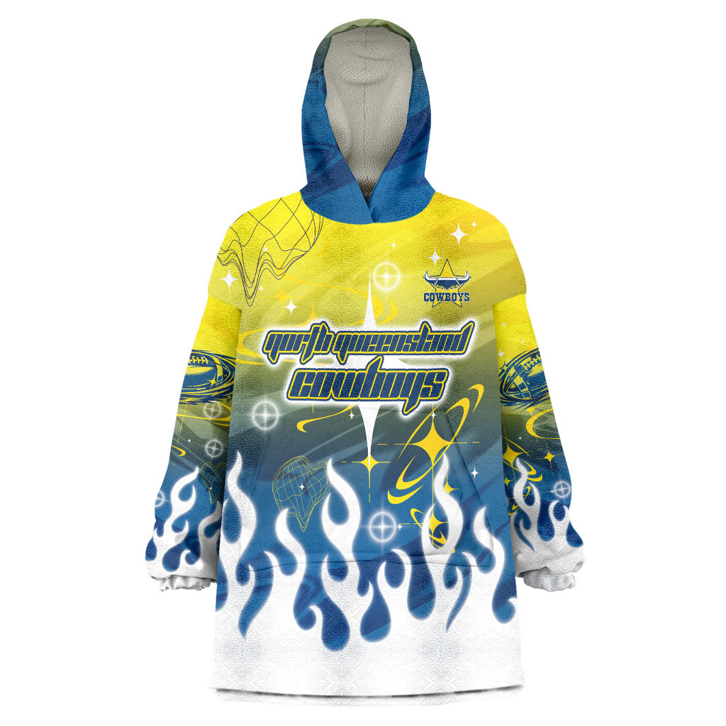 Personalized North Queensland Cowboys Wearable Blanket Hoodie Y2K Grunge Aesthetic With Cyber Flames and Starburst Graphics