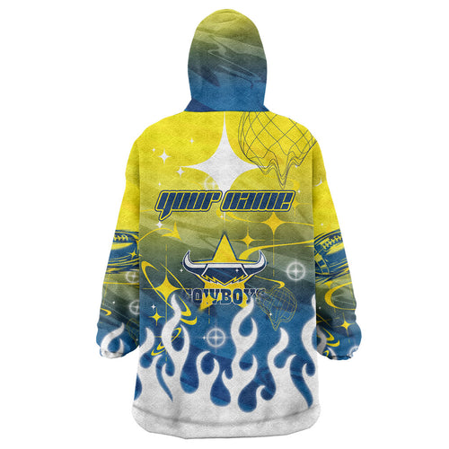 Personalized North Queensland Cowboys Wearable Blanket Hoodie Y2K Grunge Aesthetic With Cyber Flames and Starburst Graphics