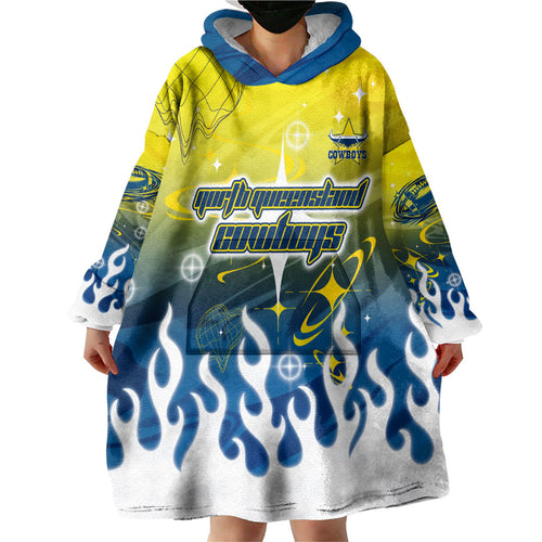 Personalized North Queensland Cowboys Wearable Blanket Hoodie Y2K Grunge Aesthetic With Cyber Flames and Starburst Graphics