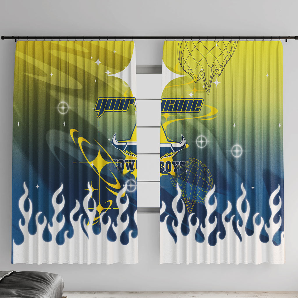 Personalized North Queensland Cowboys Window Curtain Y2K Grunge Aesthetic With Cyber Flames and Starburst Graphics