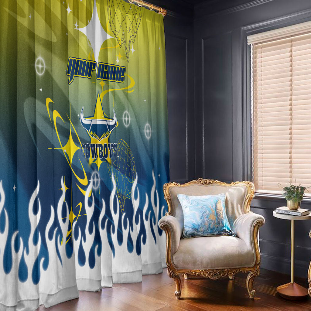 Personalized North Queensland Cowboys Window Curtain Y2K Grunge Aesthetic With Cyber Flames and Starburst Graphics