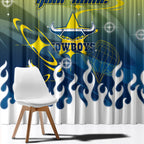 Personalized North Queensland Cowboys Window Curtain Y2K Grunge Aesthetic With Cyber Flames and Starburst Graphics