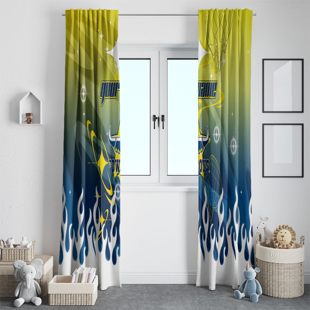 Personalized North Queensland Cowboys Window Curtain Y2K Grunge Aesthetic With Cyber Flames and Starburst Graphics