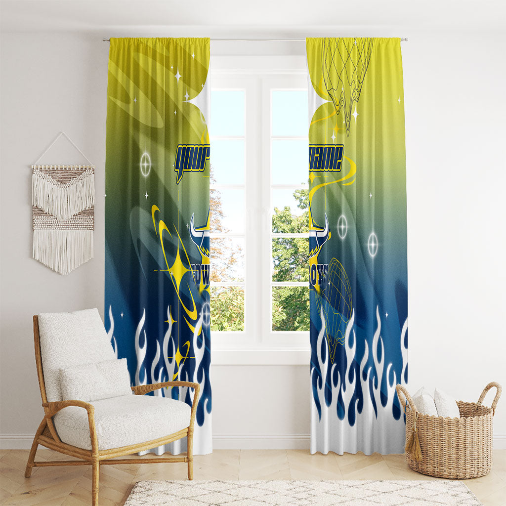 Personalized North Queensland Cowboys Window Curtain Y2K Grunge Aesthetic With Cyber Flames and Starburst Graphics