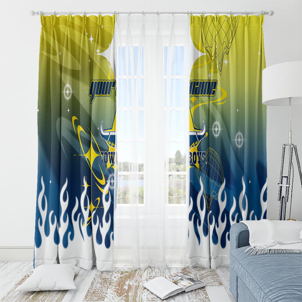 Personalized North Queensland Cowboys Window Curtain Y2K Grunge Aesthetic With Cyber Flames and Starburst Graphics
