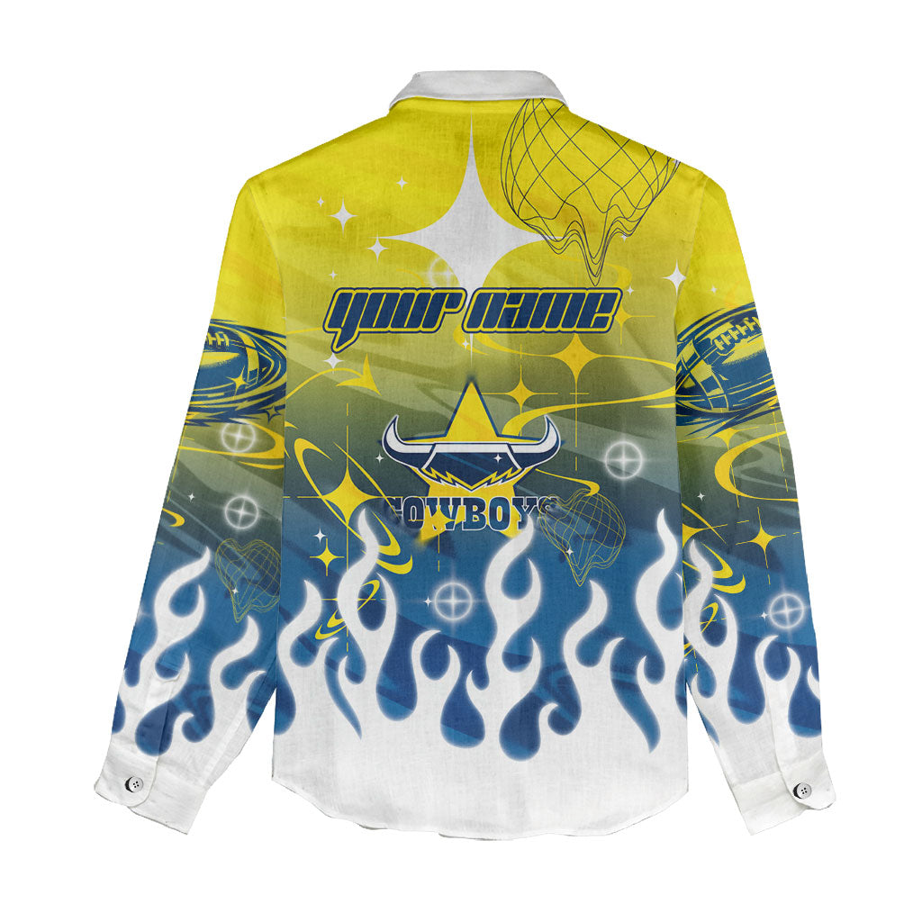 Personalized North Queensland Cowboys Women Casual Shirt Y2K Grunge Aesthetic With Cyber Flames and Starburst Graphics