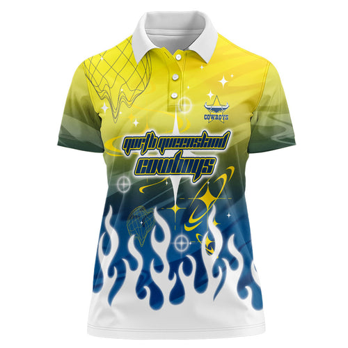 Personalized North Queensland Cowboys Women Polo Shirt Y2K Grunge Aesthetic With Cyber Flames and Starburst Graphics