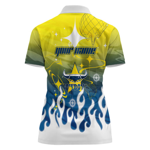 Personalized North Queensland Cowboys Women Polo Shirt Y2K Grunge Aesthetic With Cyber Flames and Starburst Graphics