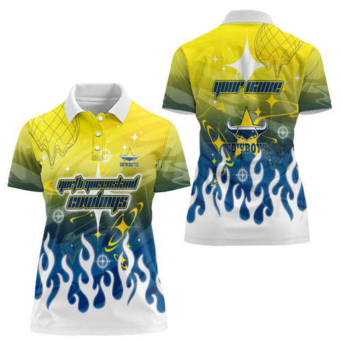 Personalized North Queensland Cowboys Women Polo Shirt Y2K Grunge Aesthetic With Cyber Flames and Starburst Graphics