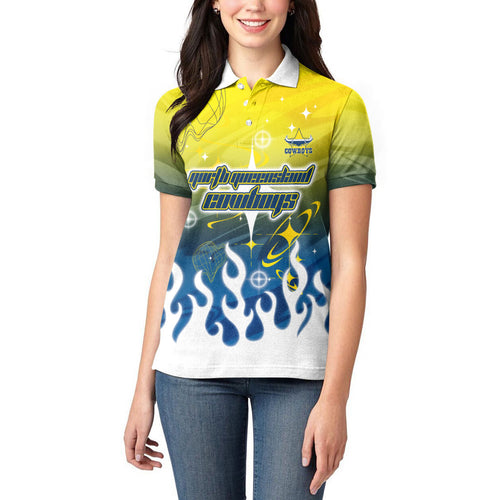 Personalized North Queensland Cowboys Women Polo Shirt Y2K Grunge Aesthetic With Cyber Flames and Starburst Graphics