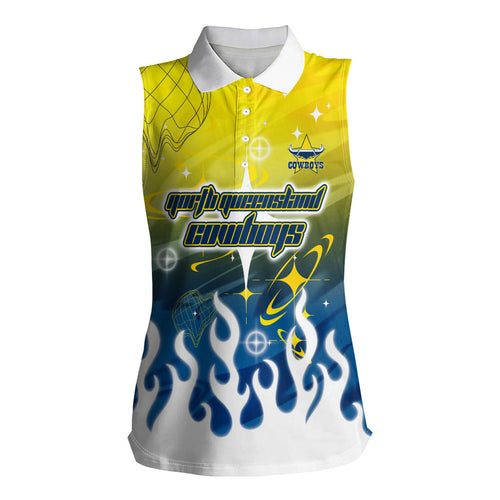Personalized North Queensland Cowboys Women Sleeveless Polo Shirt Y2K Grunge Aesthetic With Cyber Flames and Starburst Graphics