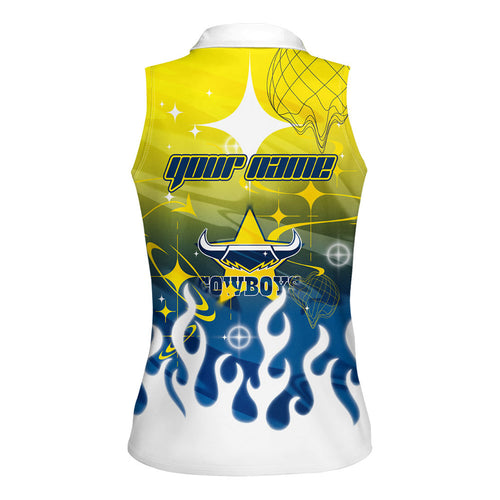 Personalized North Queensland Cowboys Women Sleeveless Polo Shirt Y2K Grunge Aesthetic With Cyber Flames and Starburst Graphics