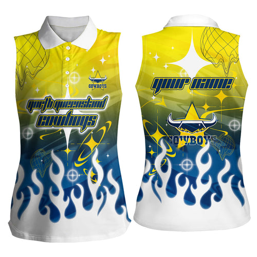 Personalized North Queensland Cowboys Women Sleeveless Polo Shirt Y2K Grunge Aesthetic With Cyber Flames and Starburst Graphics