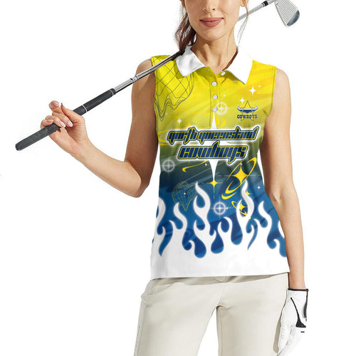 Personalized North Queensland Cowboys Women Sleeveless Polo Shirt Y2K Grunge Aesthetic With Cyber Flames and Starburst Graphics