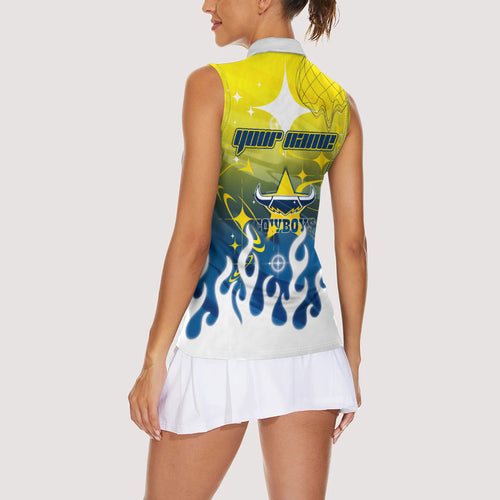 Personalized North Queensland Cowboys Women Sleeveless Polo Shirt Y2K Grunge Aesthetic With Cyber Flames and Starburst Graphics