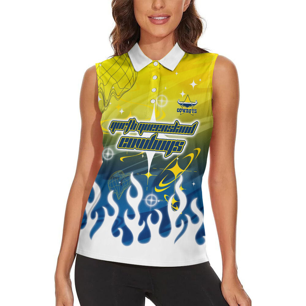 Personalized North Queensland Cowboys Women Sleeveless Polo Shirt Y2K Grunge Aesthetic With Cyber Flames and Starburst Graphics