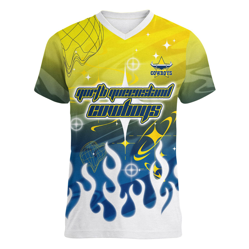 Personalized North Queensland Cowboys Women V-Neck T-Shirt Y2K Grunge Aesthetic With Cyber Flames and Starburst Graphics