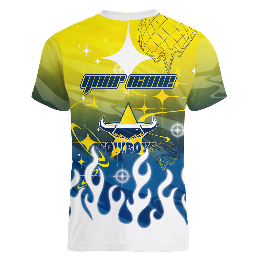 Personalized North Queensland Cowboys Women V-Neck T-Shirt Y2K Grunge Aesthetic With Cyber Flames and Starburst Graphics
