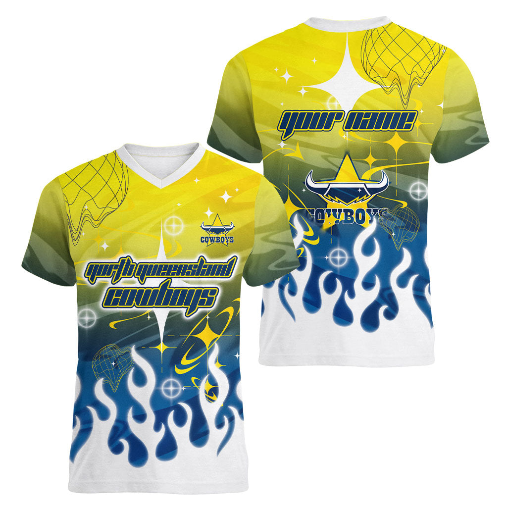 Personalized North Queensland Cowboys Women V-Neck T-Shirt Y2K Grunge Aesthetic With Cyber Flames and Starburst Graphics