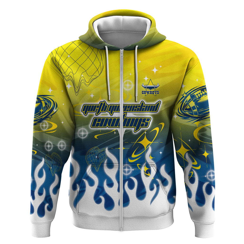 Personalized North Queensland Cowboys Zip Hoodie Y2K Grunge Aesthetic With Cyber Flames and Starburst Graphics