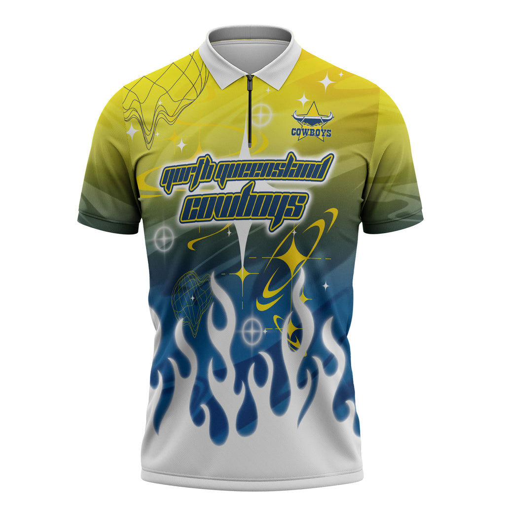 Personalized North Queensland Cowboys Zipper Polo Shirt Y2K Grunge Aesthetic With Cyber Flames and Starburst Graphics