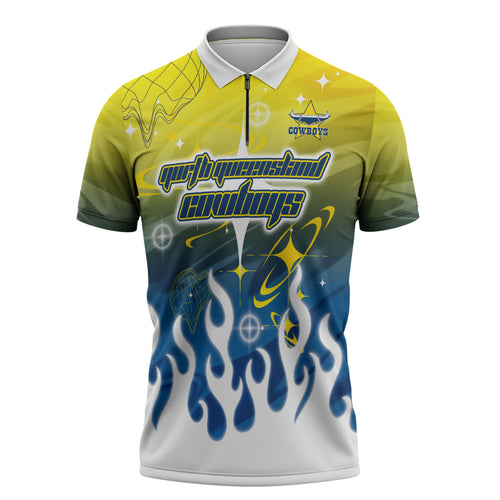 Personalized North Queensland Cowboys Zipper Polo Shirt Y2K Grunge Aesthetic With Cyber Flames and Starburst Graphics